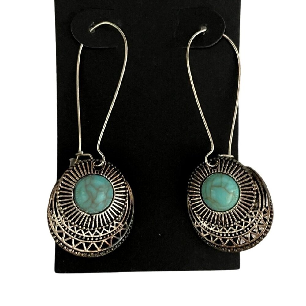 Boho Chic Silvertone and Faux Turquoise Dangle Earrings with French Wires